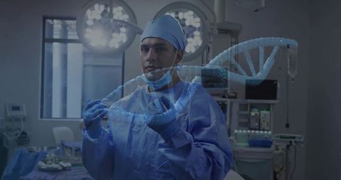 Surgeon Holding Holographic DNA in Advanced Operating Room