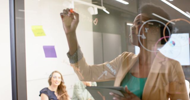 Businesswoman Presenting Ideas on Glass Wall in Office Meeting - Download Free Stock Images Pikwizard.com