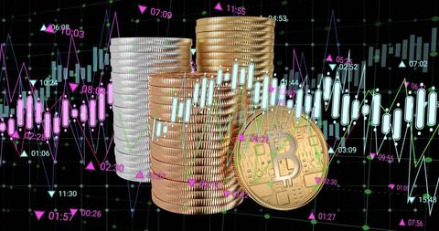 Cryptocurrency growth: stacked coins with digital market chart