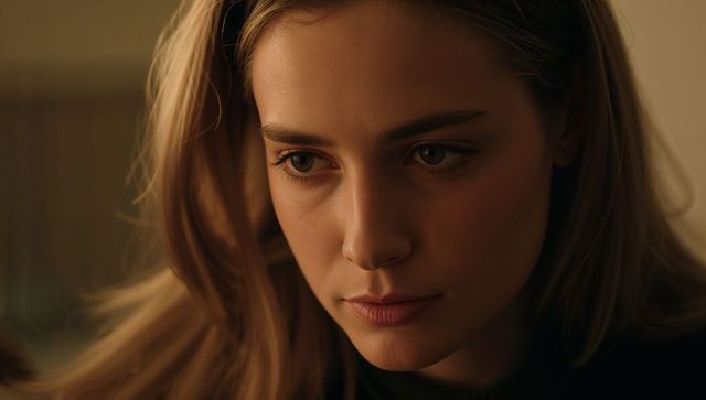 Young woman gazing downward in warm soft portrait, contemplative closeup wearing turtleneck