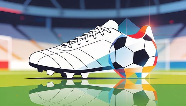 White soccer cleat resting with colorful geometric soccer ball on glossy stadium pitch