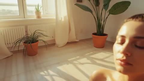 Tranquil Meditation in Sunlit Room with Indoor Greenery