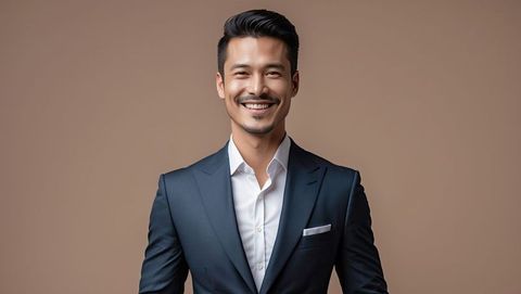 Confident asian man smiling in navy suit with pocket square, millionaire lifestyle