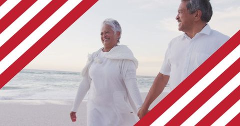 Senior Biracial Couple Holding Hands on Beach with USA Flag Overlay - Download Free Stock Images Pikwizard.com