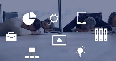 Corporate team experiencing meeting fatigue with digital business icons overlay