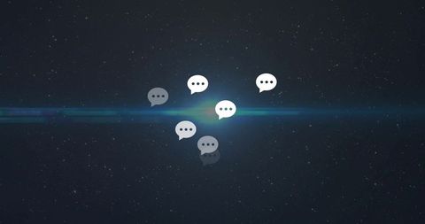 Floating chat bubbles over starfield with cyan lens flare for digital messaging and ui