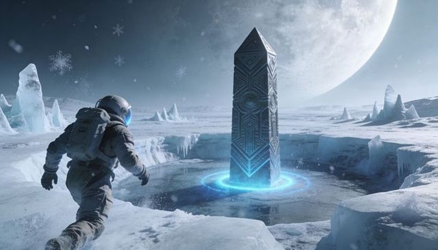 Astronaut approaching glowing obelisk on frozen alien moon surface with lunar backdrop