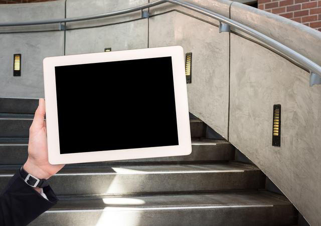 Image showing hand holding tablet with blank screen in front of stylish, modern staircase with metal railing. Good for technology, business, urban lifestyle concepts, promoting digital products or app showcases.