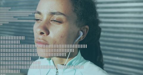 Focused Woman Wearing Earphones with Music Equalizer Overlay - Download Free Stock Images Pikwizard.com