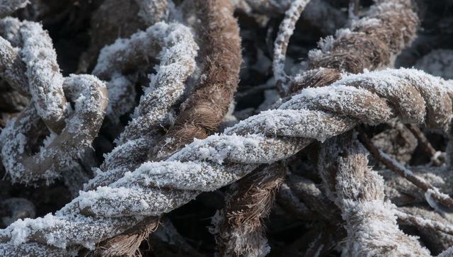 Natural-fiber ropes resting frost-covered and fraying, tangled cordage with salt crystals