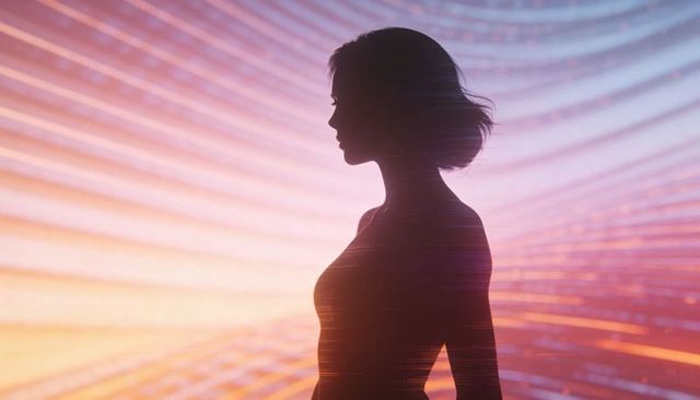 Futuristic neon female silhouette in profile with led bands and gradient backlight