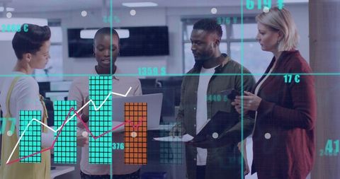 Business team reviewing financial charts with analytics overlay in modern office