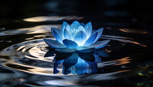Glowing blue lotus floating on dark water revealing luminous reflection and soft ripples