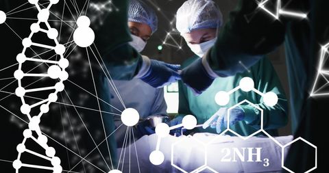 Diverse Medical Team Performing Surgery with DNA and Chemistry Overlay