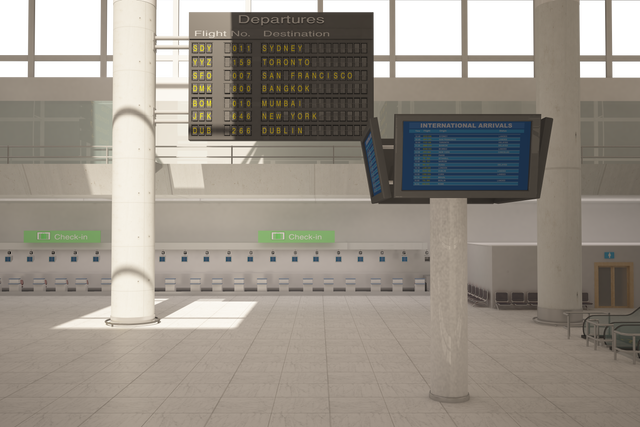 Transparent illustration of airport lounge with departure boards - Download Free Stock Videos Pikwizard.com