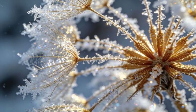 Glistening hoarfrost on dried umbel catching golden low-angle sunlight, macro sparkle
