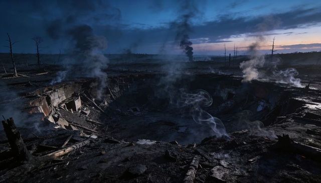 Smoking crater at twilight sending plumes of smoke over scorched barren plain with charred trunks