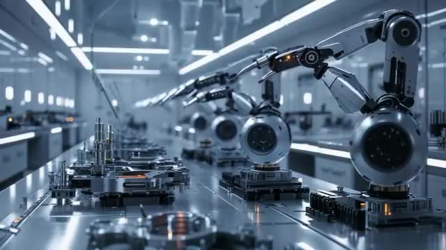 Robotic Arm Welding Circuit Board in Automated Factory