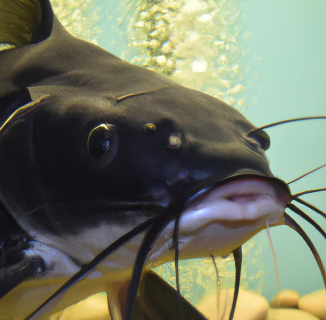 Captivating close-up of a black catfish swimming underwater, showcasing features such as its distinctive whiskers and smooth scales. Useful for educational articles about marine biology, fish species identification, aquarium promotions, and environmental conservation topics.