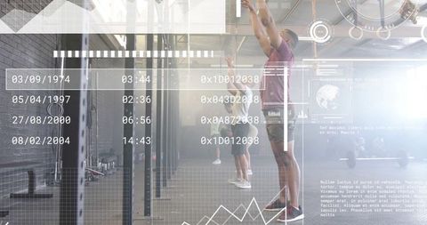 Man Reaching for Pull-up Bar Amidst Digital Fitness Data
