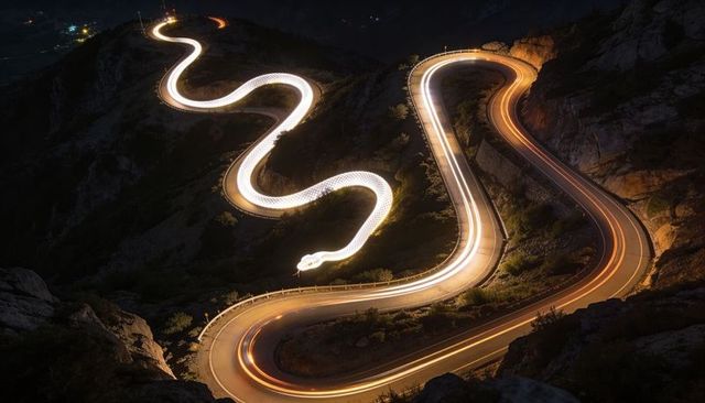 Serpentine mountain road tracing glowing light trails at night with winding hairpin turns