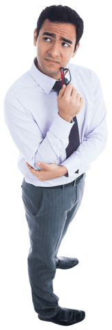 Thoughtful Businessman Holding Red Glasses on Transparent Background