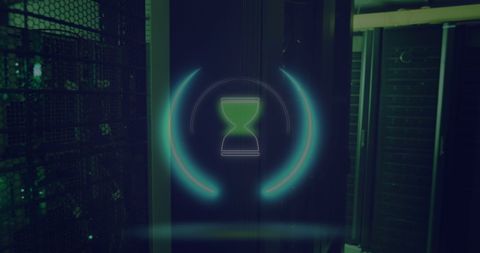 Glowing hourglass icon in dark server room futuristic scene