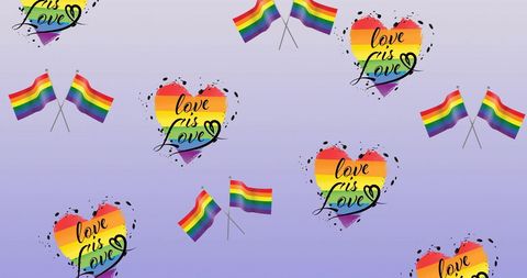 Rainbow flags and hearts with love is love text over blue background