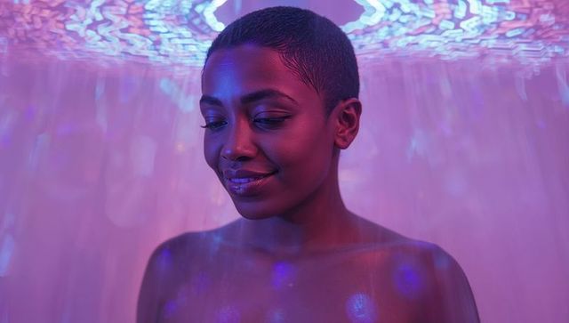 Black woman bathing in neon projection light with short hair and serene expression