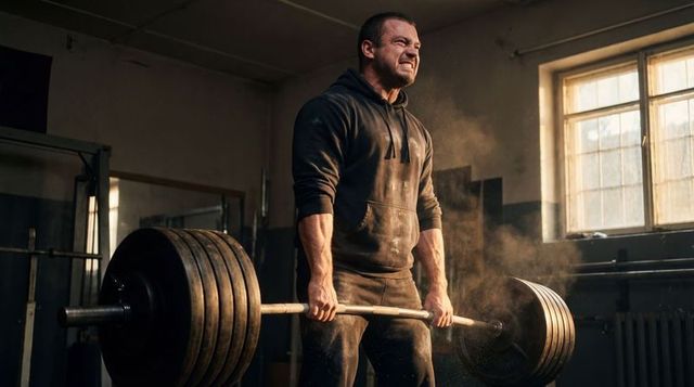 Intense deadlift in sunlit warehouse gym showing strength, chalk dust, muscular effort