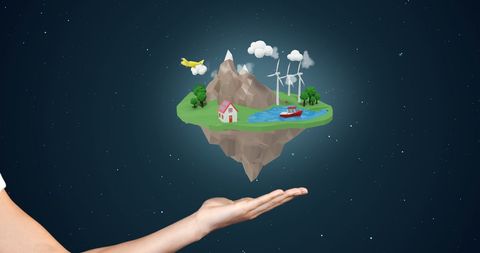 Hand Holding Floating Island with Renewable Energy and Nature