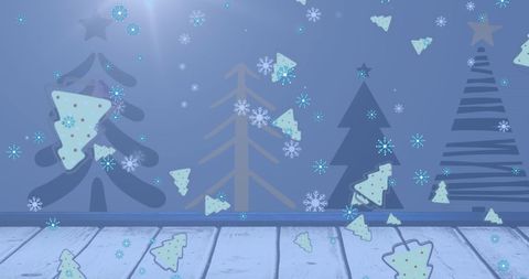 Christmas Tree Icons and Snowflakes Falling on Wooden Floor - Download Free Stock Images Pikwizard.com