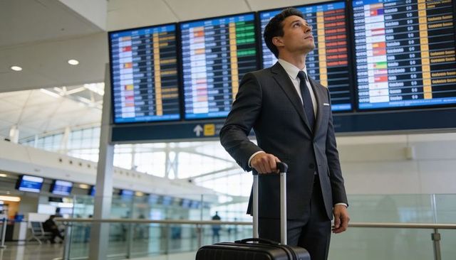 Businessman checking flight board at modern airport terminal with luggage