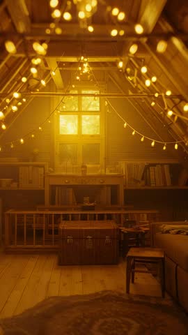 Vertical video capturing cozy rustic attic loft with warm string lights and window desk