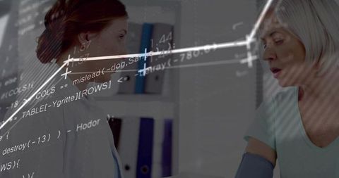 Healthcare Professional Taking Patient's Blood Pressure with Data Integration