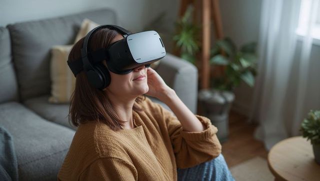 Woman enjoying VR headset and headphones in cozy living room with indoor plants