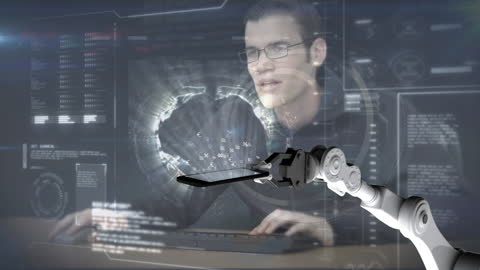 Futuristic Technology with Robotic Arm and Data Analyst