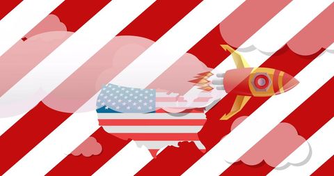 Rocket Speeds Over Patriotic USA Map with Stripes