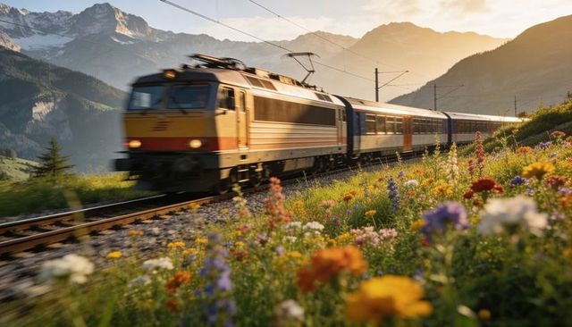 Electric locomotive racing through alpine wildflower meadow at golden hour scenic mountain railway