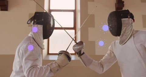 Animated Virus Icons Overlay on Fencers in Action - Download Free Stock Images Pikwizard.com