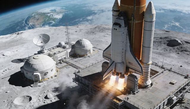 Orbiter Launching from Lunar Launch Pad with Surface Domes, Boosters Firing and Earthrise