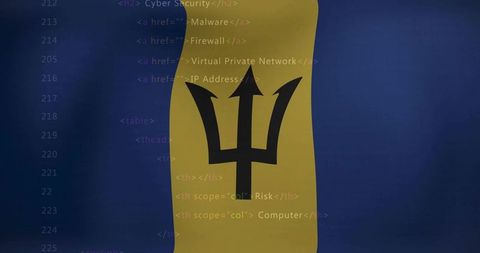 Barbados flag with digital code overlay - cybersecurity representation