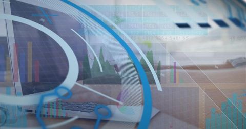 Woman analyst typing on laptop, analyzing data with augmented hud, dashboards and charts