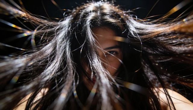 Hiding woman with long dark hair revealing one eye in dramatic chiaroscuro studio portrait