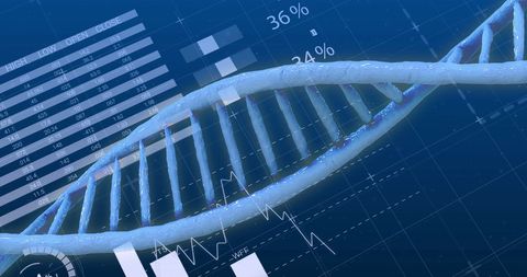 Dna strand with data charts on world map background