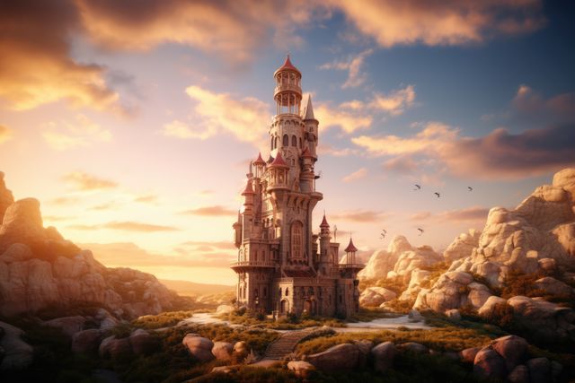 Tower and rocks over blue sky with clouds, created using generative ai technology. Fantasy, fairy tale and landscape concept digitally generated image.