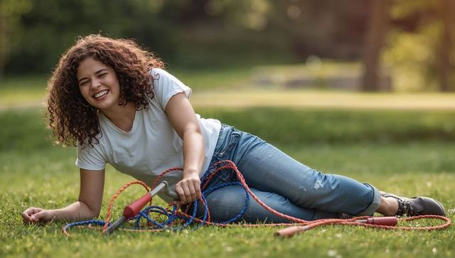 Curly-haired woman laughing, reclining on grass, holding colorful braided ropes in park