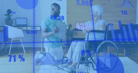 Kneeling Caregiver Explaining Clipboard to Senior in Wheelchair with Blue Data Overlay