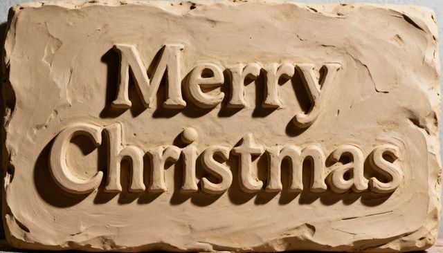 Handcrafted plaster bas-relief merry christmas plaque with rustic tool marks and shadow
