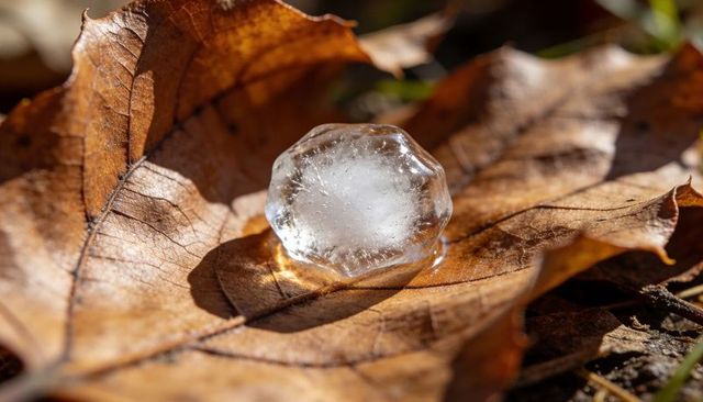 Glinting faceted ice pellet resting on brown oak leaf melting under warm autumn sunlight